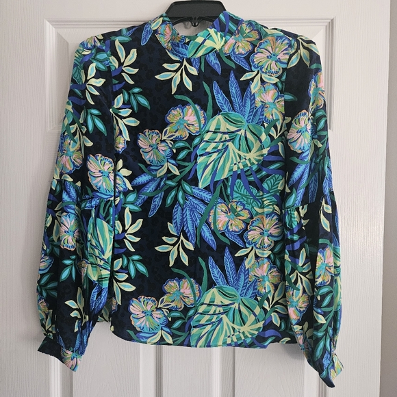 Lilly Pulitzer Witaker Silk Mock Neck Tie Back Long Sleeve Top: Multi Floral: XS - Picture 11 of 15